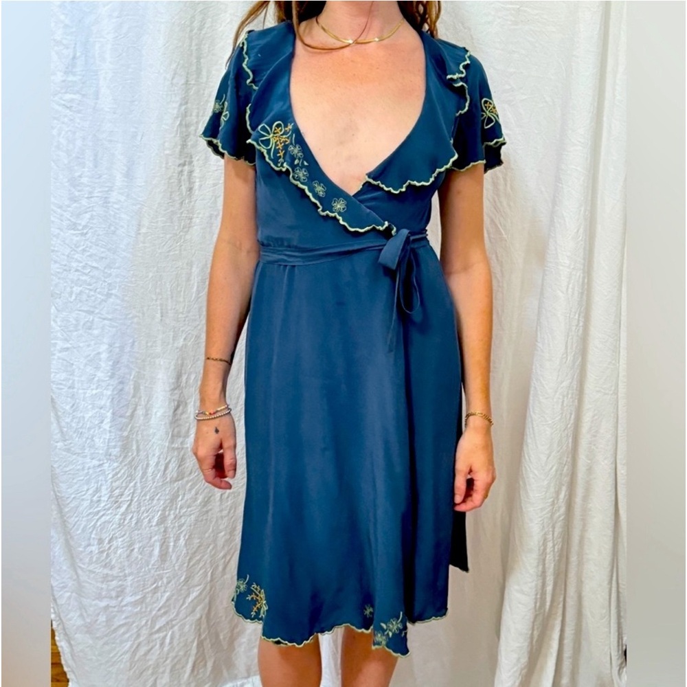 VINTAGE BETSEY JOHNSON SILK EMBROIDERED MIDI DRESS XS S 2 4